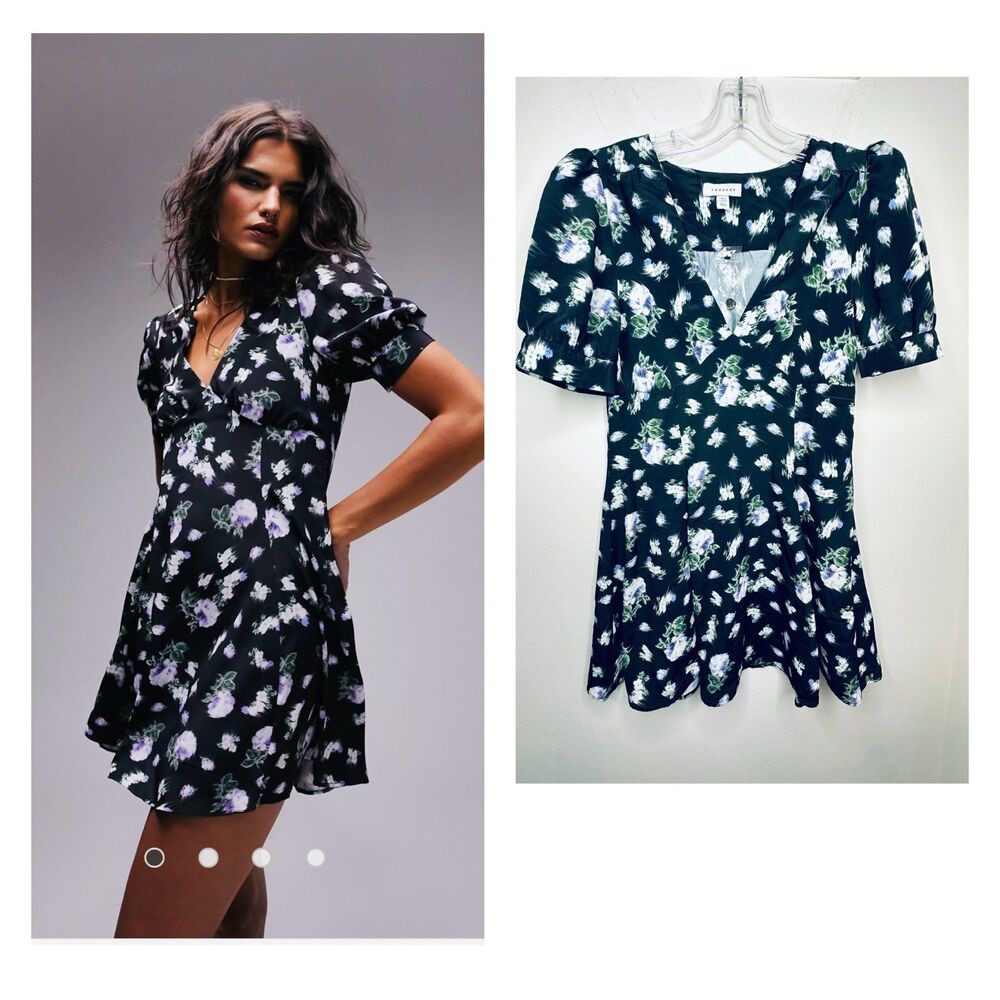 Topshop Bella V-Neck Mini Tea Dress in a stunning Blurred Floral Print 6 new
